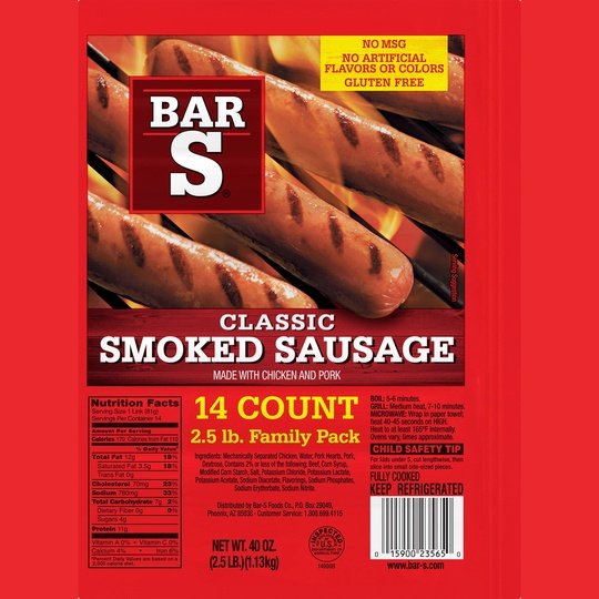 Bar-S Classic Smoked Sausage, 2.5 lb Family Pack, 14 Count