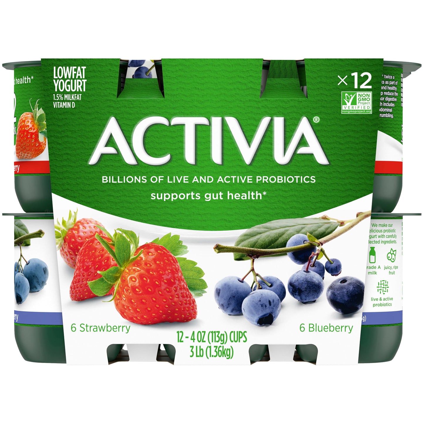 Activia Strawberry and Blueberry Probiotic Yogurt, Lowfat Yogurt Cups, 4 oz, 12 Count