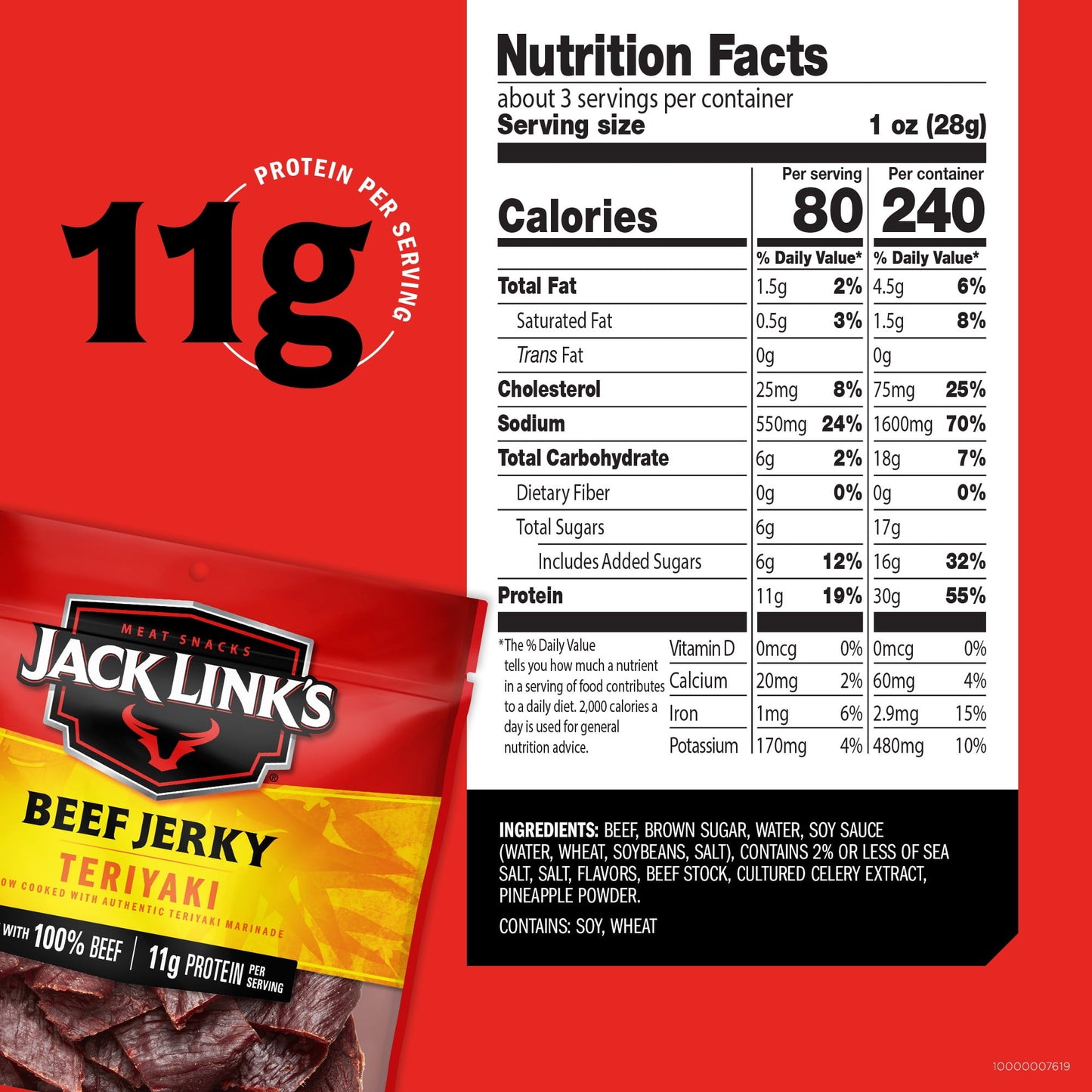 Jack Link’s Beef Jerky, Teriyaki, 100% Beef, 11g of Protein per Serving, 2.85 oz Bag