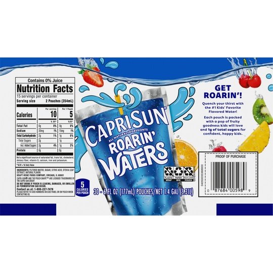 Capri Sun Roarin' Waters Tropical Tide Flavored Water Kids Drink Pouches, 30 Ct Box, 6 fl oz Pouches