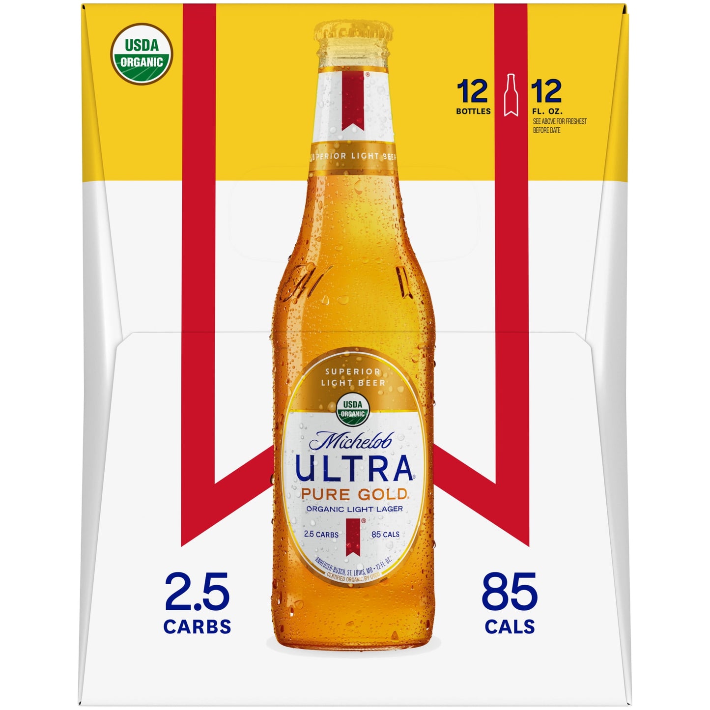 Michelob Ultra Pure Gold Organic Light Lager, 12 Pack Beer, 12 fl oz Bottles, 3.8 % ABV, Domestic