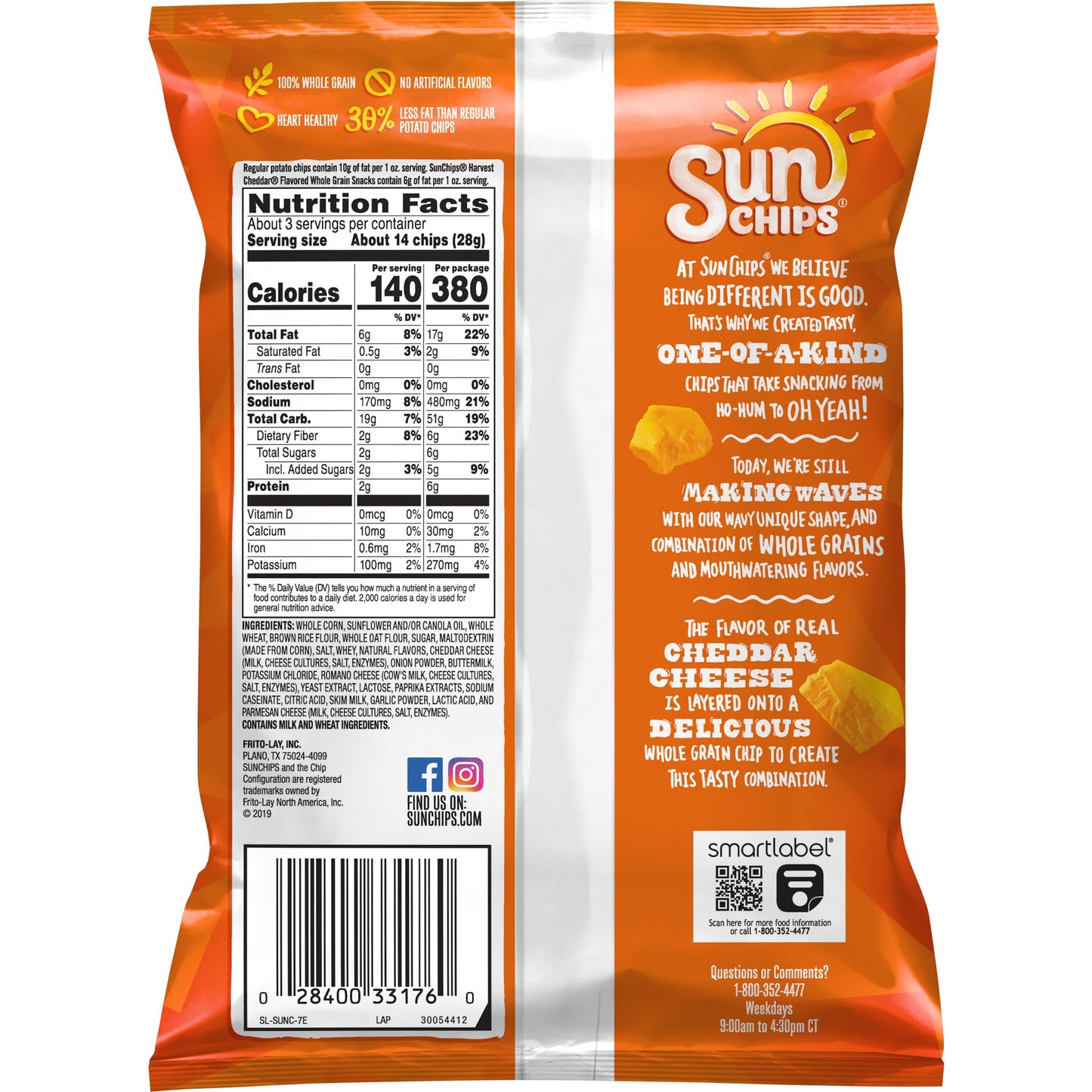 SunChips Harvest Cheddar Flavored Whole Grain Snack Chips, 2.75 oz Bag