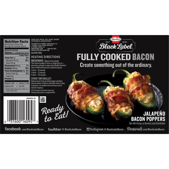 HORMEL BLACK LABEL Pork Bacon, Fully Cooked, 2.52 oz Plastic Package