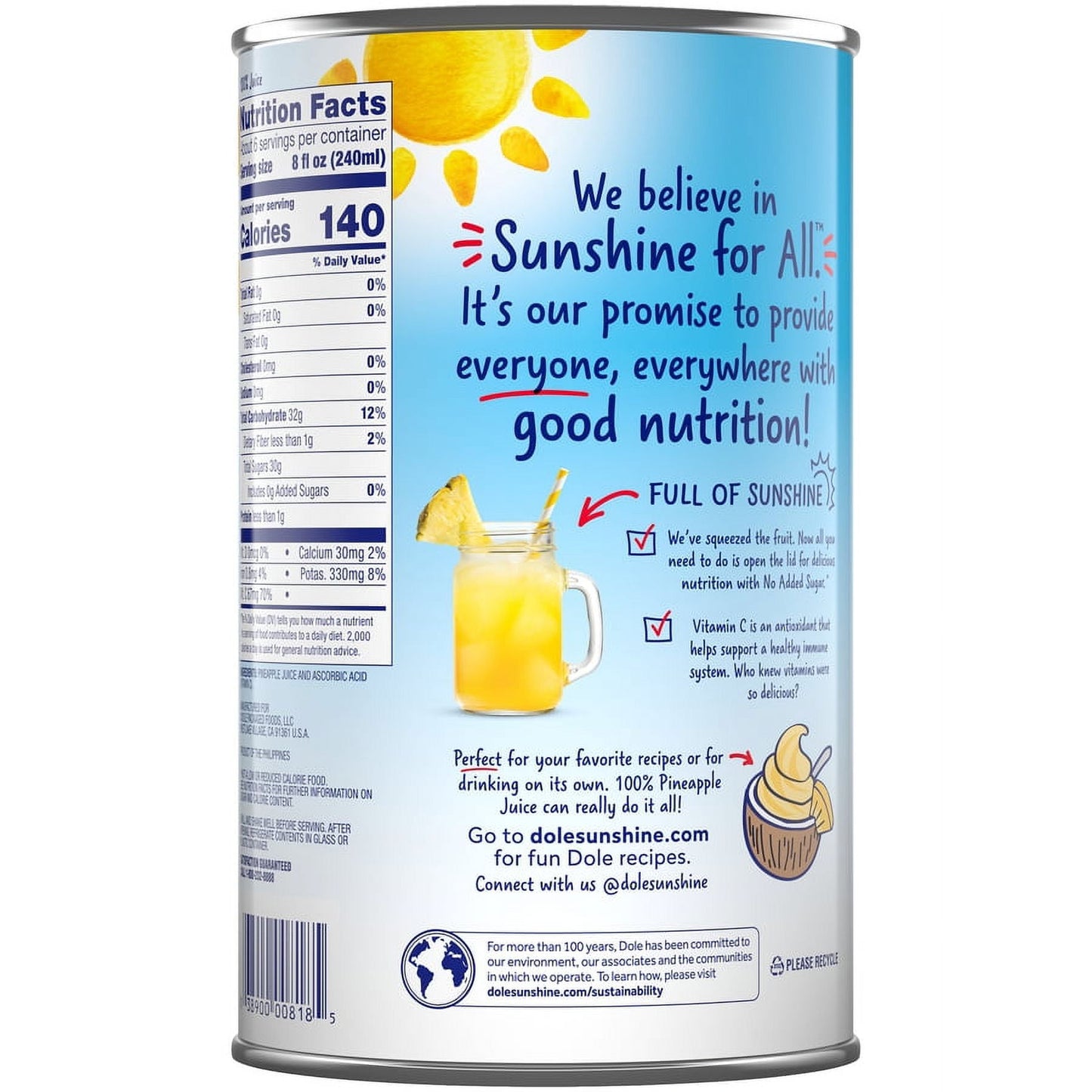 Dole All Natural 100% Pineapple Juice, 46 fl oz Can