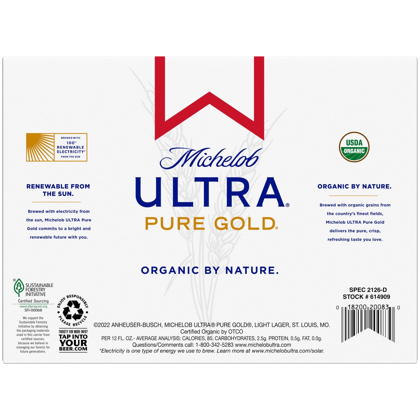 Michelob Ultra Pure Gold Organic Light Lager, 12 Pack Beer, 12 fl oz Bottles, 3.8 % ABV, Domestic